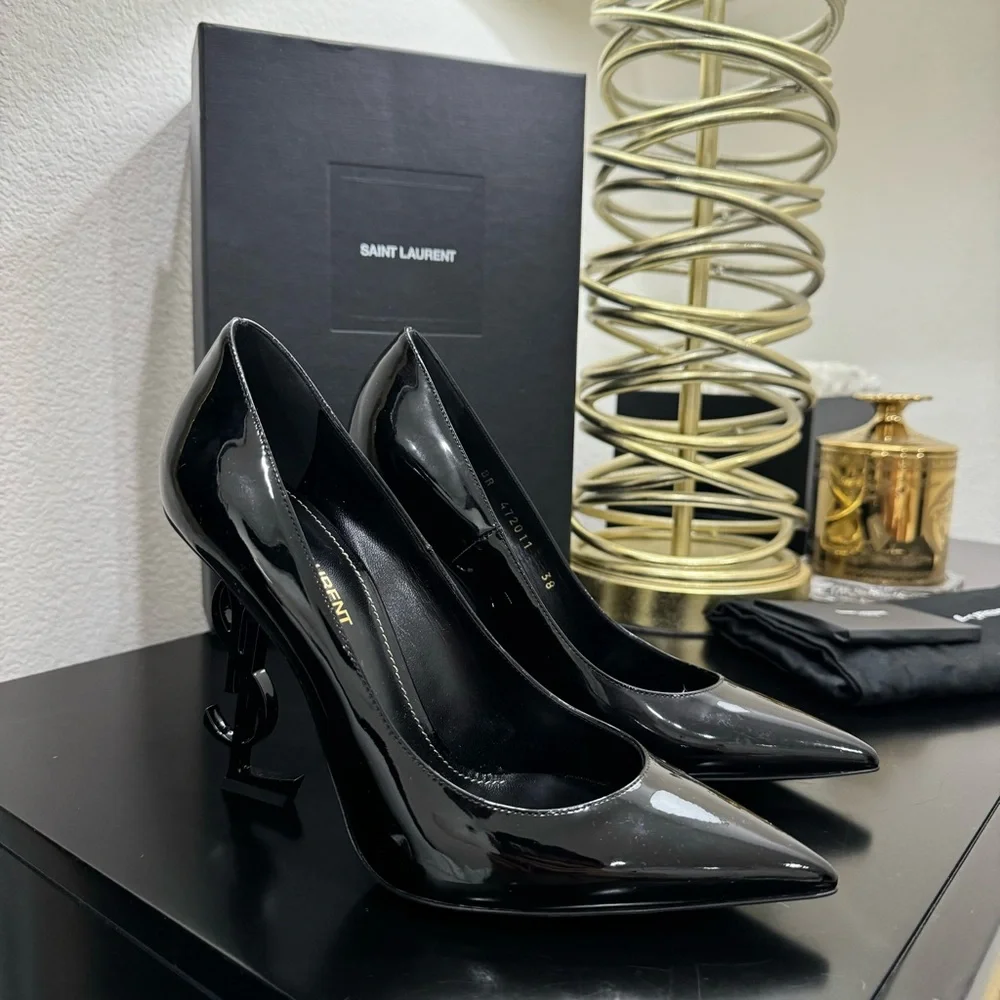 Saint Laurent YSL Opyum 110 Logo Heel Pump Patent Black 38 - Picture 3 of 10